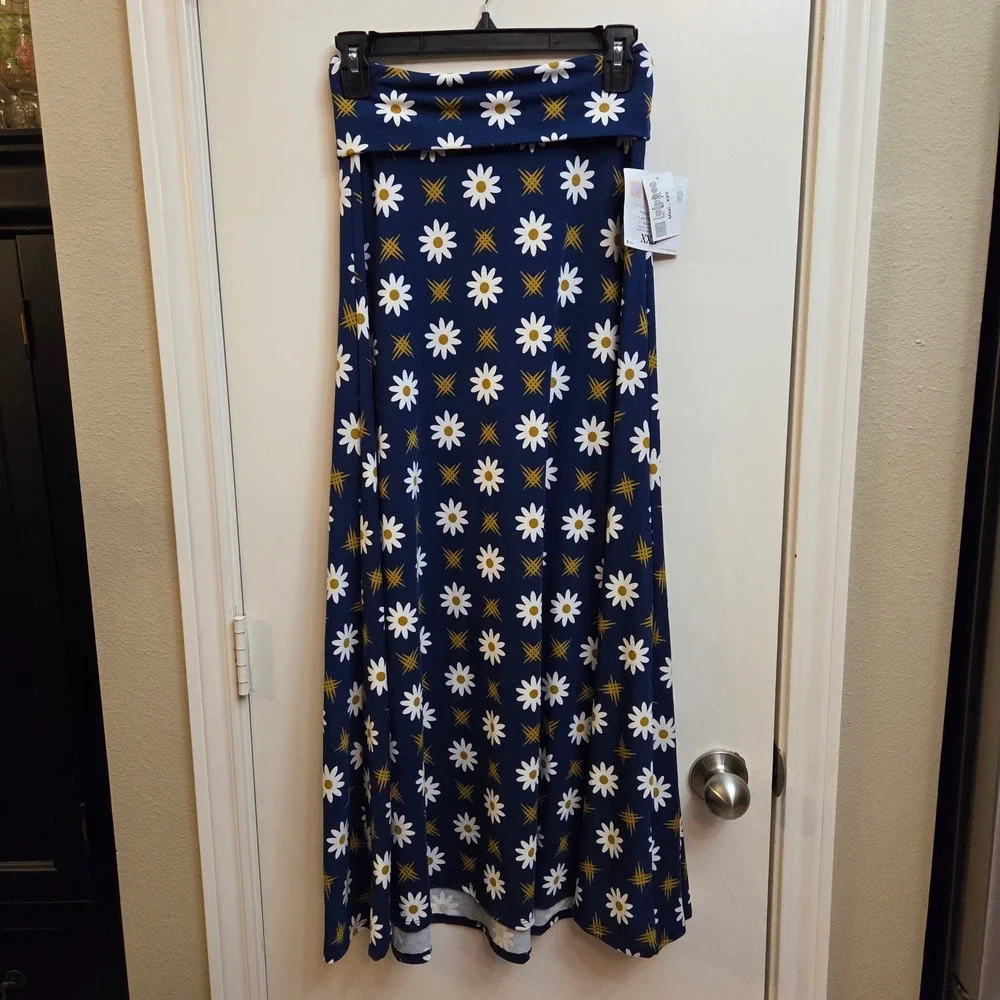 LuLaRoe Maxi Skirt XXS Navy Blue White Daisy Floral Geometric Fold Waist NWT